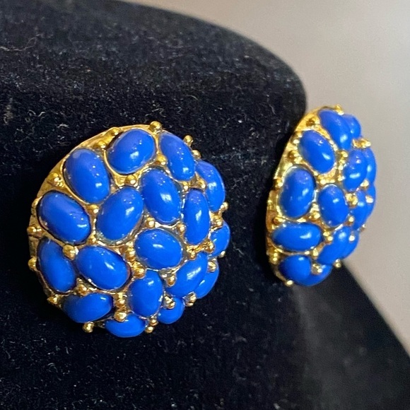 Vintage KJL by KENNETH Jay Lane Dome Cabochon Stud Earrings Navy Blue Pierce - Picture 11 of 12
